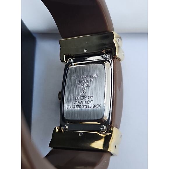 Gruen Womens Wrist Watch Brown Hard Bracelet Band Gold Details White Face Quartz - Picture 2 of 7